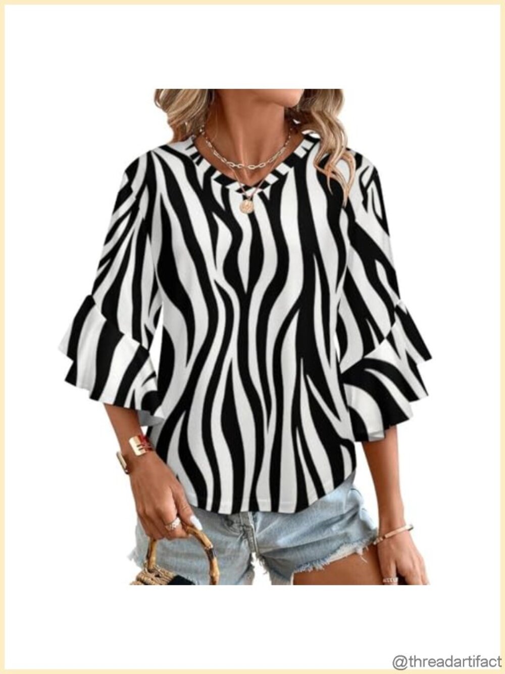 Womens Leopard Print Ruffle Sleeve V Neck Blouse 3/4 Sleeve Casual Top